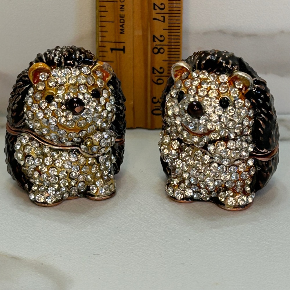 Vintage Style Crystal Hedgehog Trinket Box Set with Mini Owl Figurine 2pc